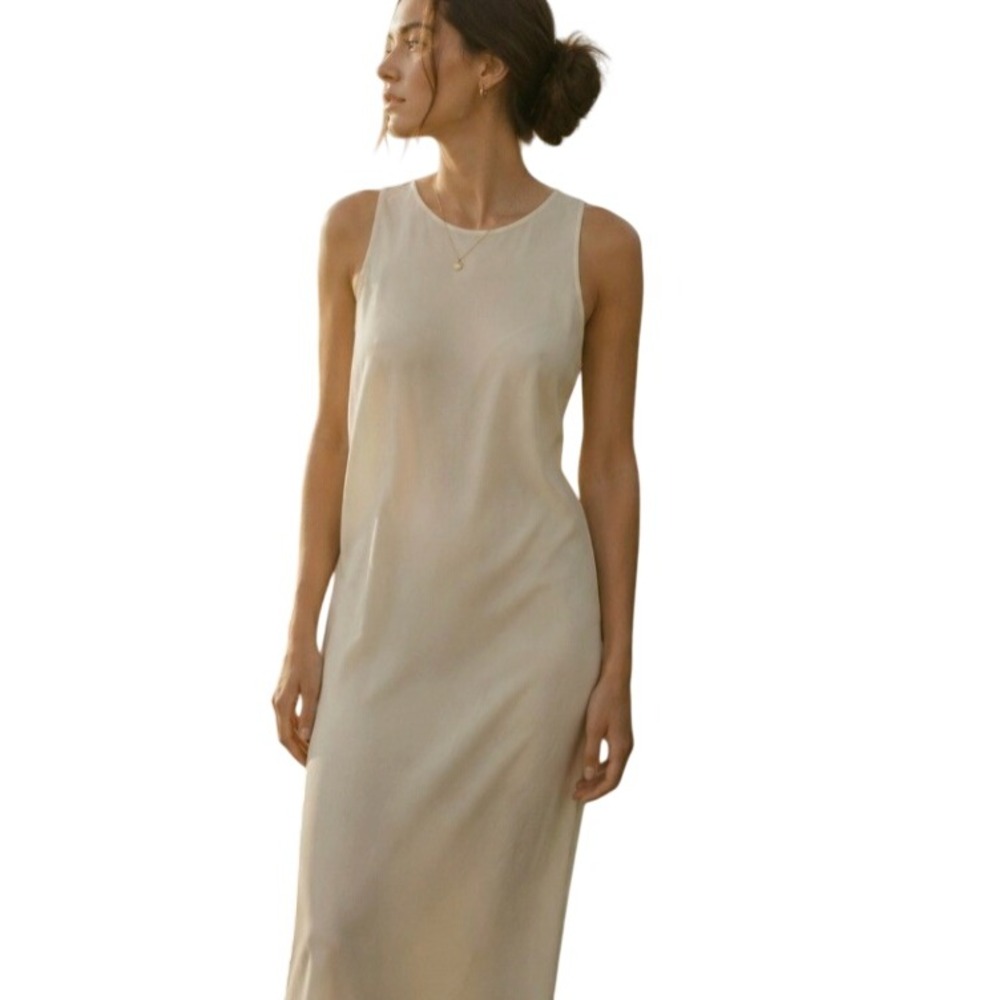 Satin Sleeveless Shift Maxi Dress XXL Cream Minimalist Old‎ Money Formal Luxury